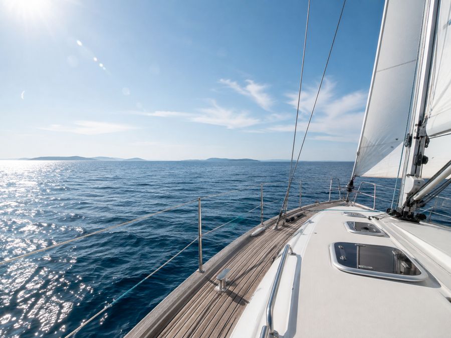 Blick über das Deck einer Segelyacht auf die Uferlinie